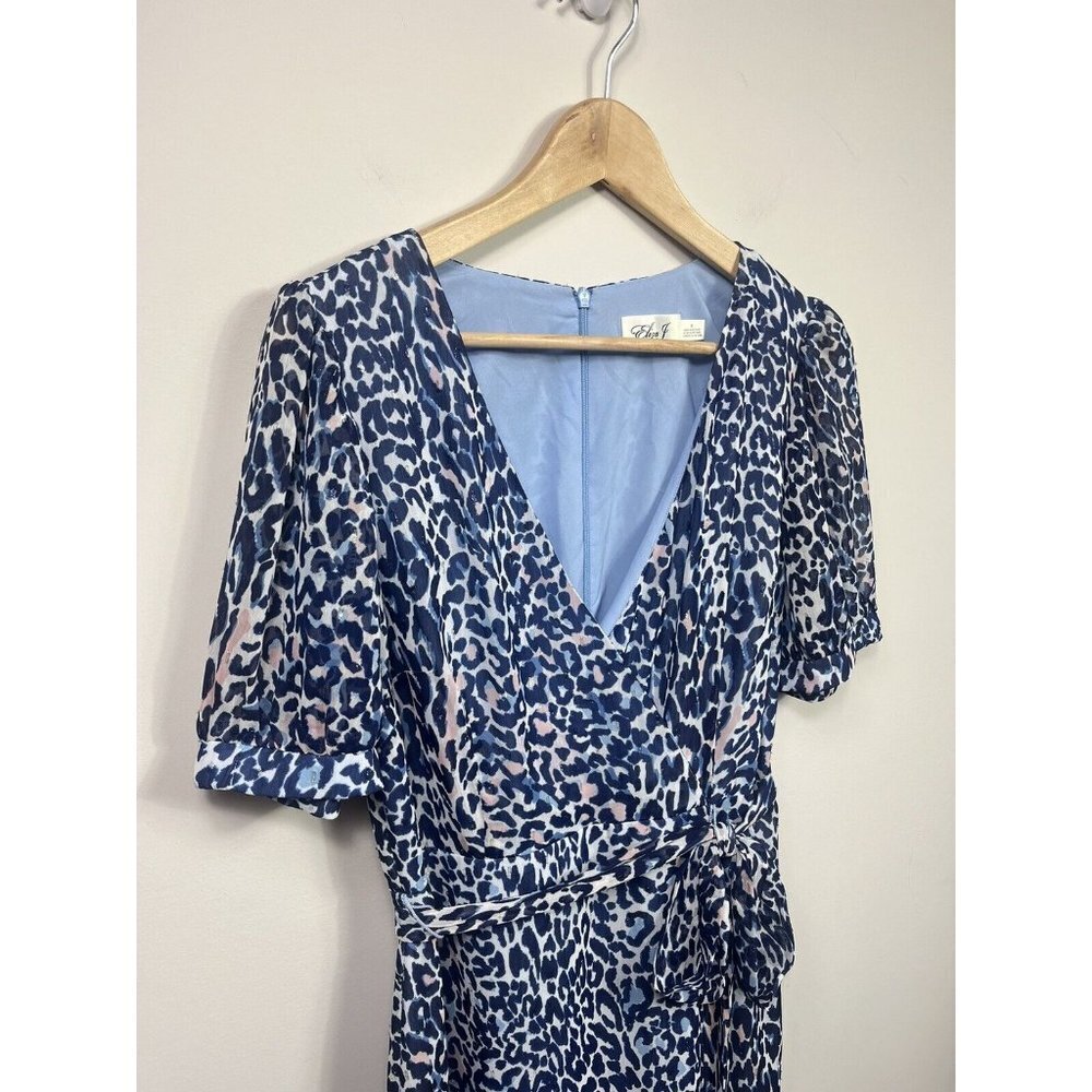 Eliza J Womens Dress Size 8 Blue Faux Neck Puff Sleeve Leopard Print - Picture 3 of 9